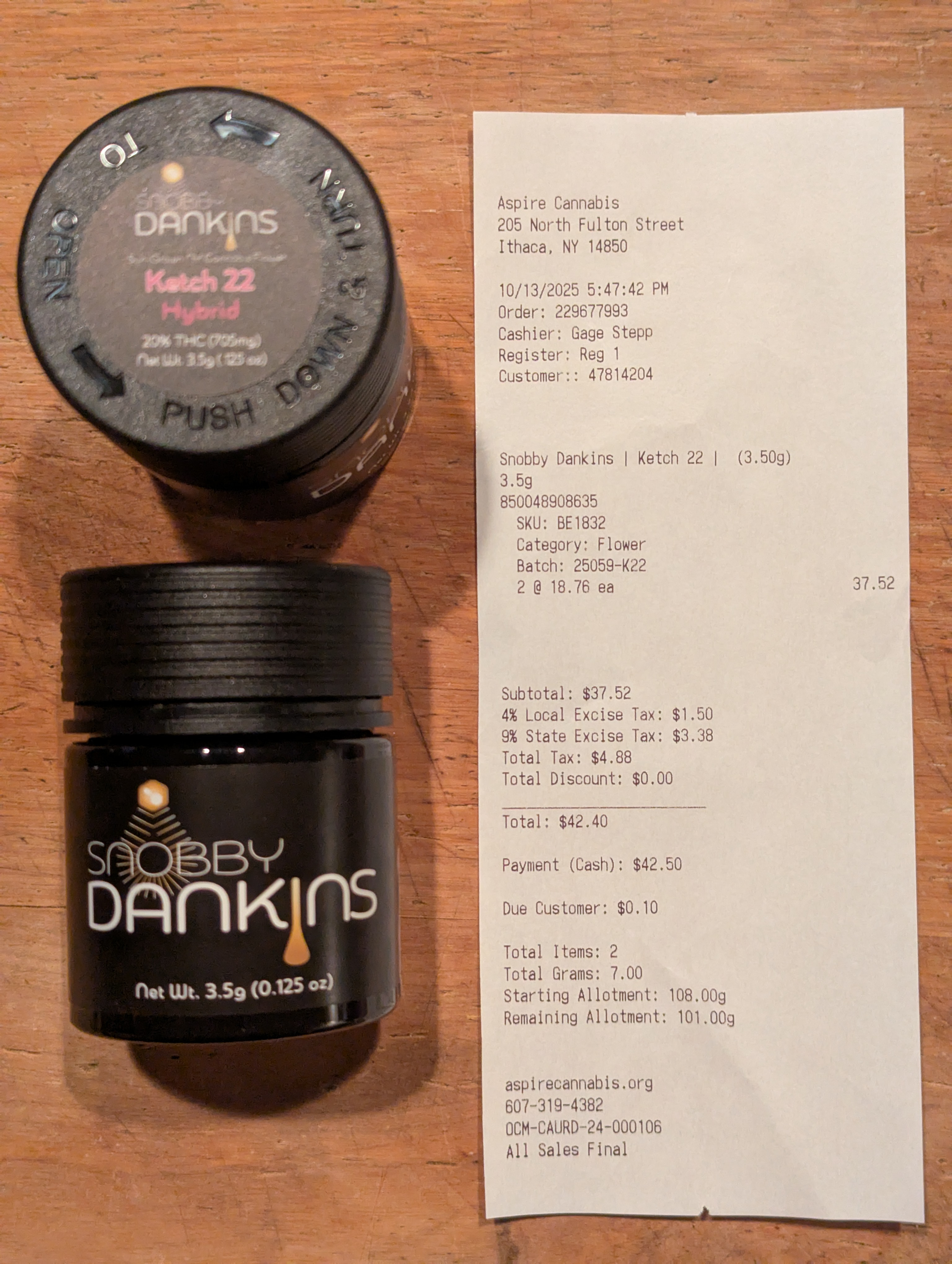 ./2025-10-13 - PXL_20251014_093148812 - MMJ - Aspire - Snobby Dankins 2 x 3.5gm 'Ketch 22' - $42.40.jpg